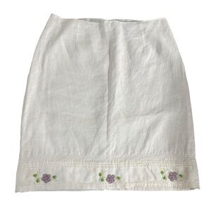 ECOLOGIE Irish Linen Beaded Mini Skirt Size 8 White Purple Floral Vintage 90s